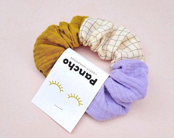 Colorblock Musselin Scrunchie, Color Blocking Trend, dreifarbiger Haargummi Gitterkaro, Tricolor Zopfgummi, big scrunchie, Haaraccessoire