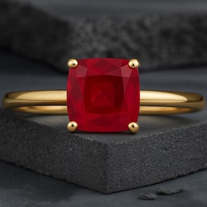 Cushion Cut Lab Ruby Engagement Ring: Art Deco Solid Gold Solitaire