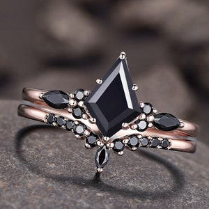 kite cut Black onyx ring set, rose gold unique engagement ring set moissanite ring marquise cut black spinel ring black stone ring for women