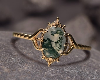 Natürliche Moosachat Verlobungsring Vintage Einzigartige 925 Sterling Silber Solitär Ringe Versprechen Jahrestag Schmuck Geschenk für Frauen