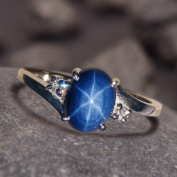 Vintage Blue Lindy Star Ring, Blue Star Sapphire Silver Ring, 925 Sterling Silver, Lab 6 Rays Star Gemstone, Engagement Ring, Gift For Her
