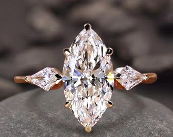 Anillo de compromiso de moissanita talla marquesa, anillo de propuesta de boda vintage con diamantes talla cometa, anillo de promesa de oro rosa de 14k, regalo para mujer.