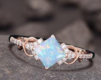 Princess cut opal engagement ring Rose gold moissanite ring Dainty diamond bridal ring Twist promise ring Marriage ring Anniversary ring