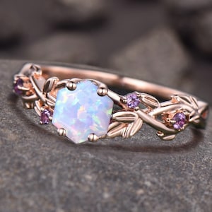 Twig opal ring vintage hexagon cut white opal engagement ring white gold leaf amethyst ring women October birthstone ring anniversary ring