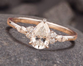 Tear Drop Wedding Ring, Moissanite Engagement Ring Pear Shape, Art Deco Wedding Ring, Plain Gold Ring For Women, Promise Moissanite Ring