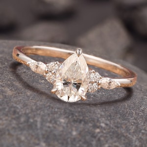 Tear Drop Wedding Ring, Moissanite Engagement Ring Pear Shape, Art Deco Wedding Ring, Plain Gold Ring For Women, Promise Moissanite Ring