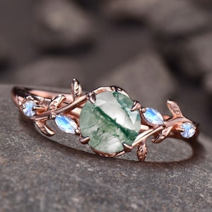 Art Deco Leaf White Gold Moss Agate Engagement Ring Nature Inspired Cluster Promise Ring, Moonstone Leaf Ring, Agate Onyx Ring For Her