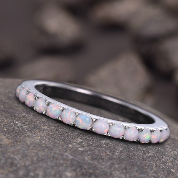 Opal Eternity Ring, Dainty Opal Ring, Gold Opal Ring, Silver Opal Ring, Minimalist Ring, Opal Stacking Ring, Gift for Her, White Opal Ring