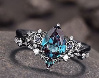 Gothic Black Gold Pear Shape Alexandrite Engagement Ring Set, Black Floral Promise Ring Set Unique Rhodium Black Witchy Ring Bridal Set Gift