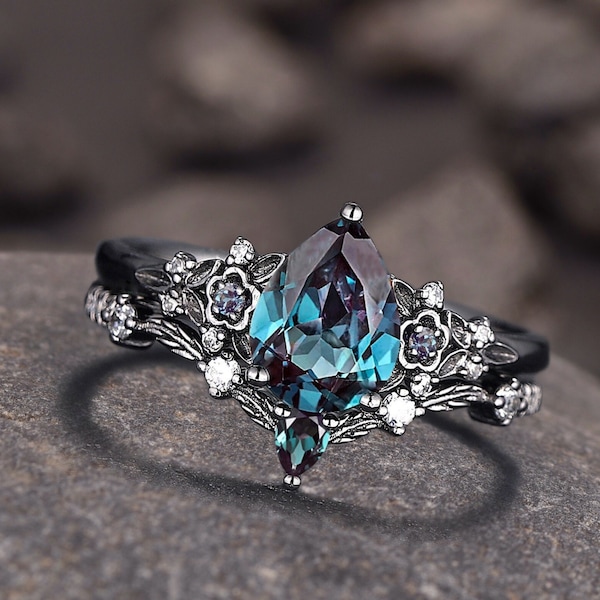 Gothic Black Gold Pear Shape Alexandrite Engagement Ring Set, Black Floral Promise Ring Set Unique Rhodium Black Witchy Ring Bridal Set Gift