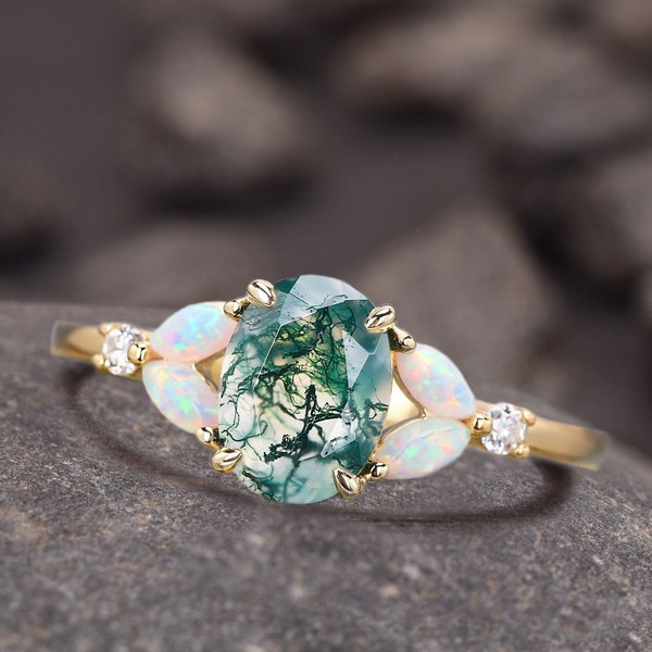 Oval cut Moss Agate Engagement Ring, Women art deco Nature Inspired Leaf Ring, Oval Moss agate & Opal Ring, Bridal Ring, Anniversary Gift