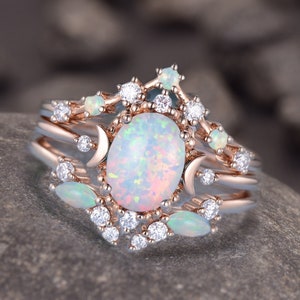 Opal Engagement Ring Set Vintage Opal Wedding Ring Set Woman Celestial Engagement Ring Bridal Set Unique Opal Ring Rose Gold Moon Ring Gift