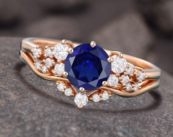 Vintage Sapphire Engagement Ring Set, 14k Rose Gold Weeding Ring Set, Unique Bridal Promise Ring Set, Curve Moissanite Matching Band Women