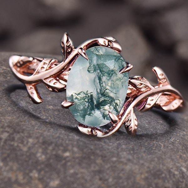 Best Selling Natural Oval Moss Agate Engagement Ring For Women, Alternative Engagement Ring, Nature Inspired Leaf Ring Healing Gemstone Ring