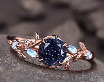 Galaxie Sandstein Ring, Blauer Sandstein Blatt Verlobungsring, Zweig Blatt Ring, Cluster Alexandrit, Mondstein, Moissanit, Onyx, Sandstein Ring,