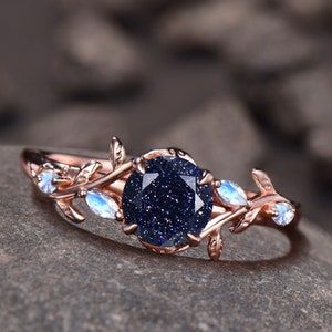 Galaxy Sandstone Ring, Blue Sandstone Leaf Engagement Ring,Twig Leaf Ring,Cluster Alexandrite, Moonstone, Moissanite, Onyx, Sandstone Ring,