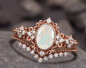 Vintage Oval White Opal Engagement Ring,  2pcs Vintage Rose Gold Opal Ring Set, Flower Opal Engagement Ring Set, Halo Floral Wedding Ring