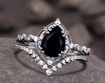 Vintage black onyx engagement ring sterling silver ring art deco curved stacking band pear shaped bridal set unique moissanite wedding set