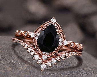 Vintage black onyx engagement ring rose gold ring art deco curved stacking band pear shaped bridal set unique moissanite wedding set