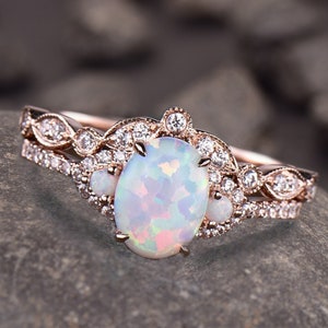 Oval Cut Pink Opal Ring Set, 14k Rose Gold Rings for Women, Unique Curved Wedding Band, Oval Cut Bridal Set, Opal Bridal Set, Promise Gift