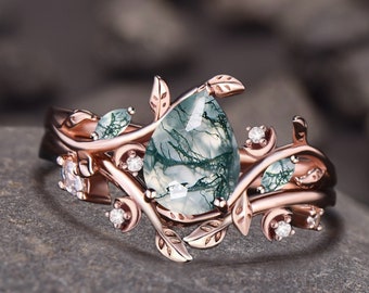 Art Deco Pear Cut Natural Green Moss Agate Engagement Ring Set Unique 14k Rose Gold Leaf Vine Twig Branch Nature Inpsired Ring Moon Ring
