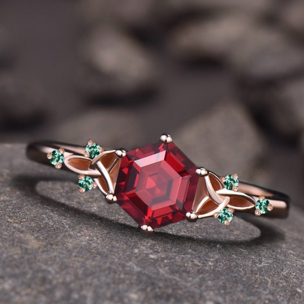 Unique Hexagon Cut Ruby Engagement Ring Vintage Round Emerald Celtic Knot Wedding Ring Art Deco Rose Gold July Birthstone Promise Gift Women