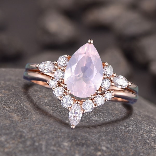 Unique Vintage Pear Shaped Rose Quartz Engagement Ring Set, Pink Gemstone Anniversary Gift, 14k Rose Gold Wedding Band, Promise Ring Set