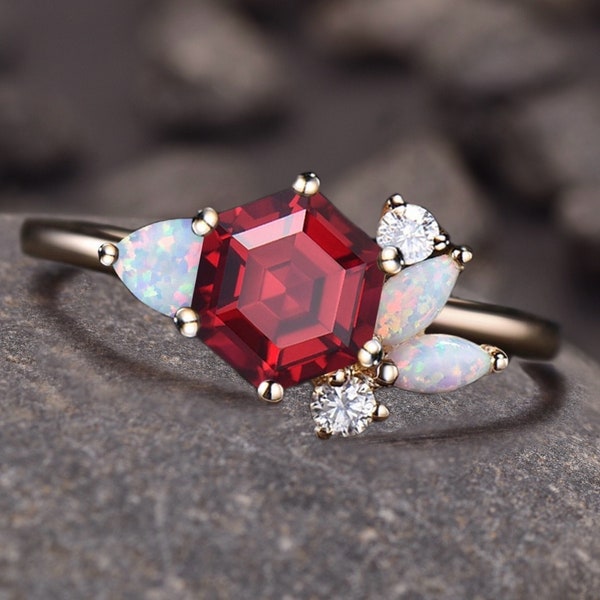 Unique Hexagon Cut Ruby Engagement Ring, Dainty July Birthstone Red Gemstone Wedding Ring Art Deco 14k White Gold Opal Three Stone Ring