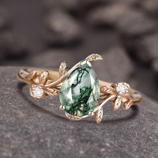 Pear Moss agate Engagement Ring, Leaf Ring, Nature Inspired Ring, Branch Ring Personalized Ring, Delicate Ring, Promise Ring For Women,