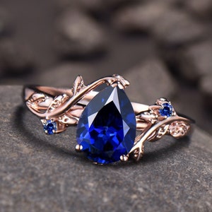 Elegant Pear Shaped Sapphire Ring Vintage Unique Twig Engagement Ring Leaf Cluster Sapphire Wedding Ring Women Blue Gemstone Branch Ring