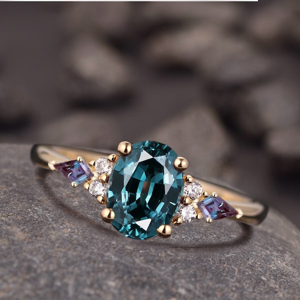 Vintage Teal Sapphire Engagement Ring Unique Oval Solid 14k Gold ring Blue Green Sapphire Ring Diamond Wedding Promise Ring Anniversary Ring