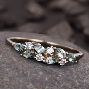 Leaf Vine Moss agate Wedding band, Marquise Moss Agate marriage ring Dainty ring Promise Anniversary wedding band, Anniversary Gift For Her