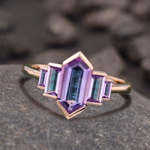 Hexagon cut Purple Amethyst ring Unique Rose gold engagement ring Baguette cut ring Bezel set ring Vintage Bridal wedding anniversary ring