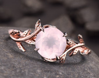 1ct Round Cut Natural Pink Rose Quartz Ring, Rose Gold Simple Engagement Ring, Leaf Solitaire Ring Heal Crystal Ring Natural Stone Ring Gift