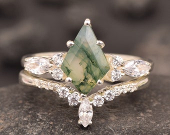 Vintage Drachenschliff grüner Moosachat Verlobungsring 14k Rosegold Marquiseschliff Moissanit Ring für Frauen einzigartige Braut Ehering Set