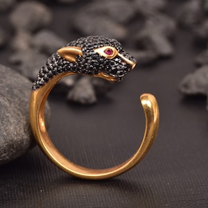 Onyx Panther Adjustable Ring | Black Tiger Head Silver Ring For Women | Animal Inspired Statement Ring