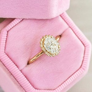 Oval Moissanite Engagement Ring: 14K Gold Art Deco Wedding Ring