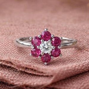 Pink Ruby Engagement Ring, Flower Diamond Cluster Ring, Silver Flower Ring Minimalist Ruby Flower Ring, Lotus Ring, Anniversary Gift For Her