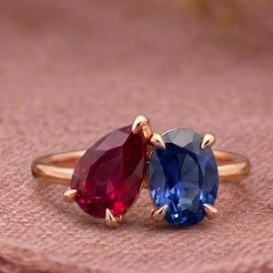 Toi Et Moi-ring, 14K massivt guld, oval safir- och päronslipad rubin förlovningsring, moderna smycken, perfekt present till par, julklapp