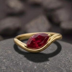 Ruby Wave Shank Ring, East-West Unique Bridal Ring, 18K Yellow Gold Ruby Engagement Ring, Solitaire Single Stone Ring, Promise Wedding Ring