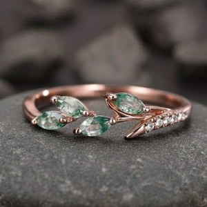 Alianza de boda de ágata musgosa, anillo apilable de racimo de ágata musgosa marquesa, anillo apilable con hojas de inspiración natural, regalo vintage de media eternidad.