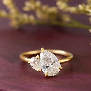 Toi et Moi Moissanite Engagement Ring: Pear Two Stone 14k Gold Anniversary Ring