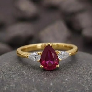 Peer geslepen robijn ring, vintage peer geslepen rode robijn verlovingsring, unieke cluster diamanten bruids trouwring, ring jubileum cadeau voor vrouwen