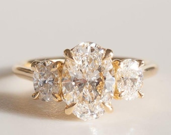 Drei Stein Oval Moissanit Verlobungsring, Handgemachter Schmuck, Ehering für Frauen, Triologie Ring für Sie, Jahrestagsgeschenk Ring Geschenk