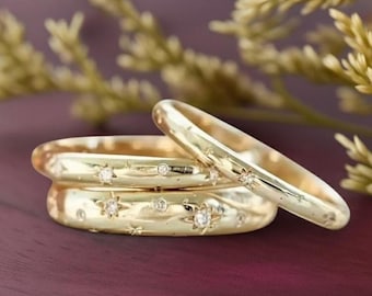 Starburst Diamant 2 mm Ehering, 14k Massivgoldring mit Diamant, Diamant-Stern Ehering, CZ North Star Goldband, Minimalist Band