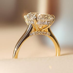 Puede incluir: Un anillo de compromiso de oro con un diamante grande y claro de talla ovalada como pieza central. El anillo presenta un halo de diamantes m&aacute;s peque&ntilde;os alrededor de la piedra principal y a lo largo de la banda, creando un efecto brillante. La banda es de oro pulido.