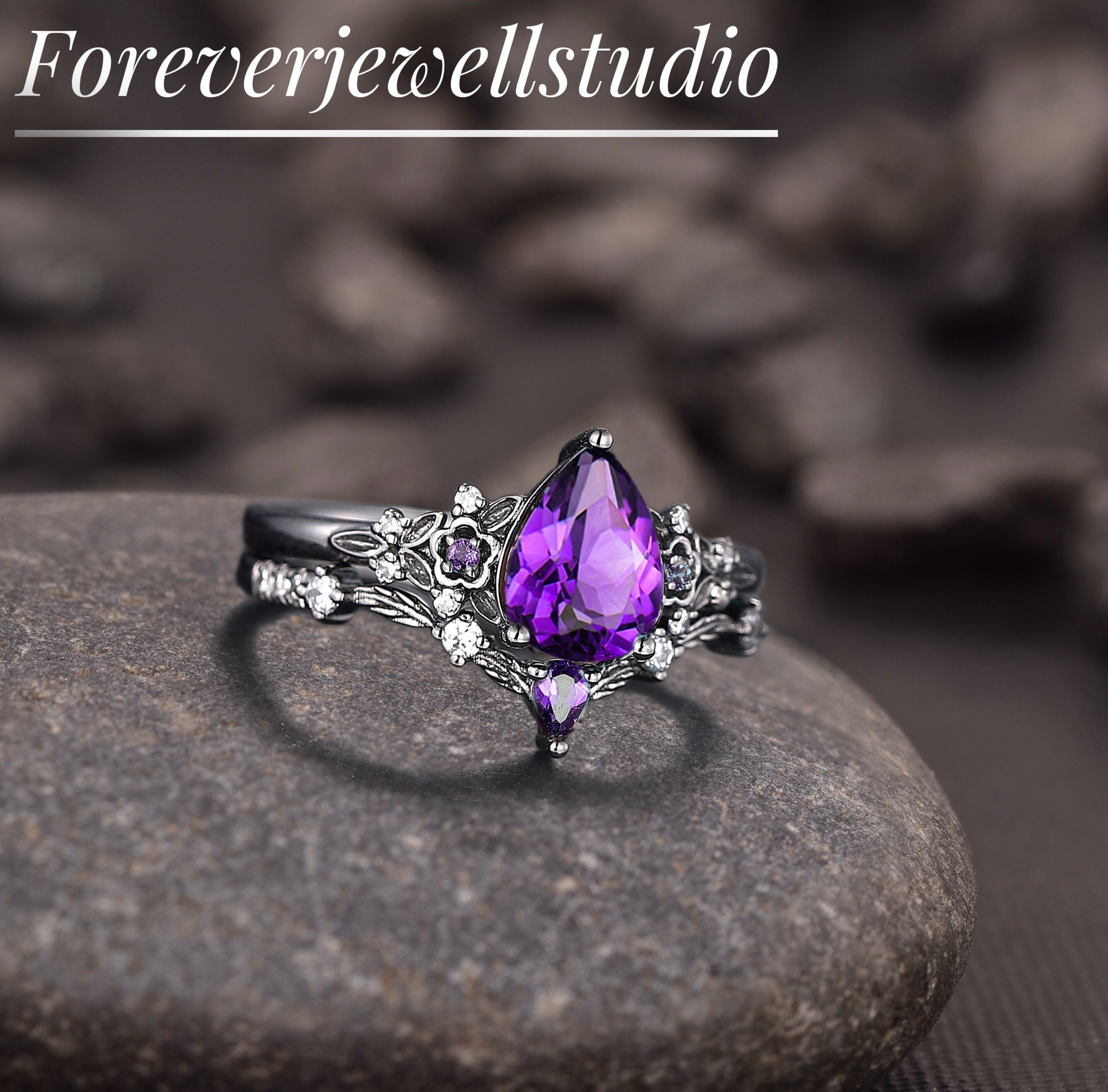 Black gold amethyst engagement ring deals
