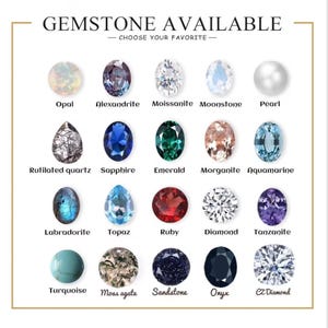 K&ouml;nnte beinhalten: Ein Bild mit einer Auswahl an Edelsteinen, darunter Opal, Saphir, Smaragd, Rubin und Diamant. Der Text "GEMSTONE AVAILABLE - CHOOSE YOUR FAVORITE" steht oben, mit der Bezeichnung jedes Edelsteins darunter.
