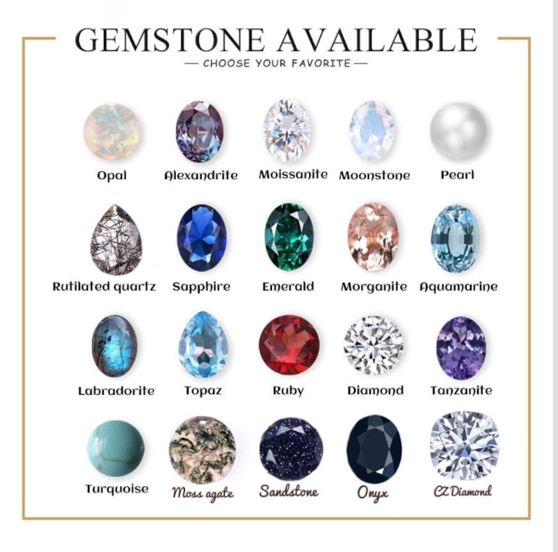 Puede incluir: Imagen que muestra varias piedras preciosas, incluyendo &oacute;palo, zafiro y rub&iacute;. El texto "GEMSTONE AVAILABLE - CHOOSE YOUR FAVORITE" se muestra en la parte superior. Cada piedra preciosa est&aacute; etiquetada con su nombre, ofreciendo una selecci&oacute;n diversa para joyer&iacute;a o dise&ntilde;o.