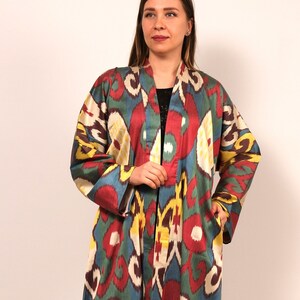 Multi - colour kaftan made with hand-woven silk ikat fabric, top coat
